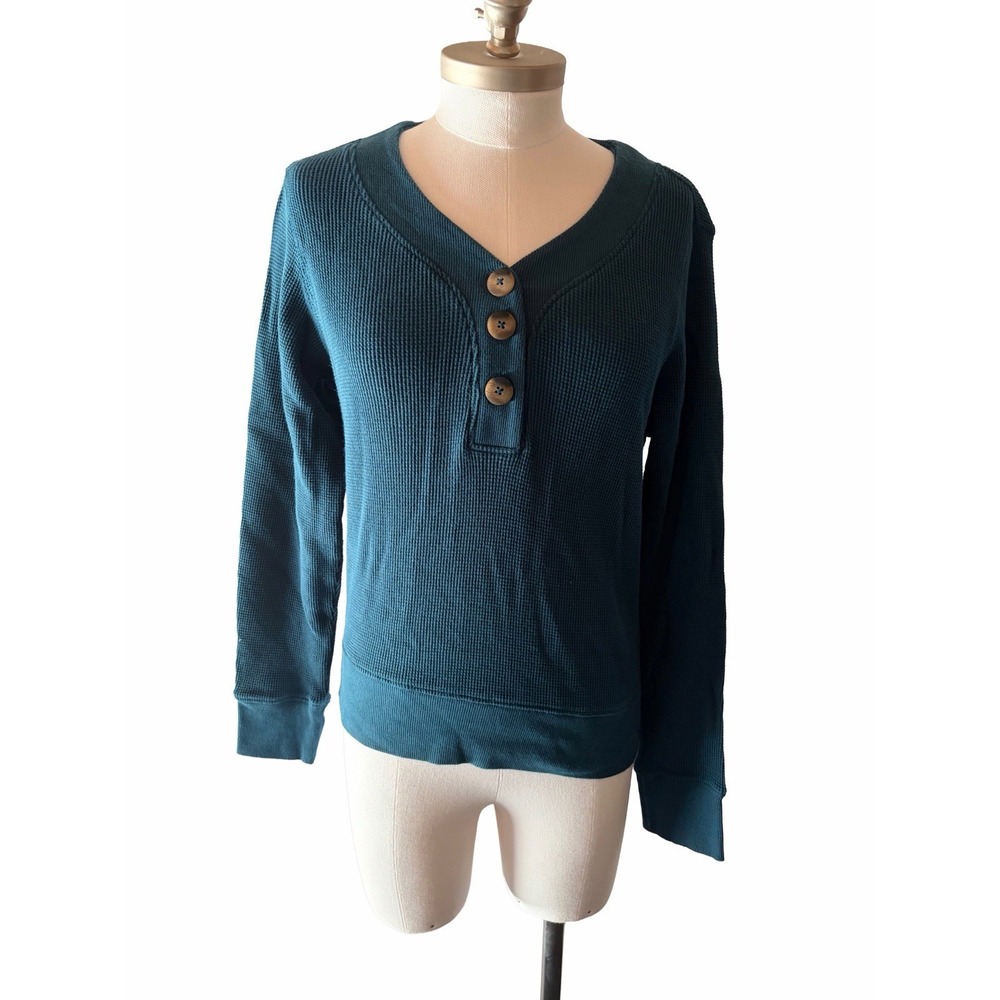Pact 3 Button Henley Long Sleeve Shirt Teal Waffle Weave